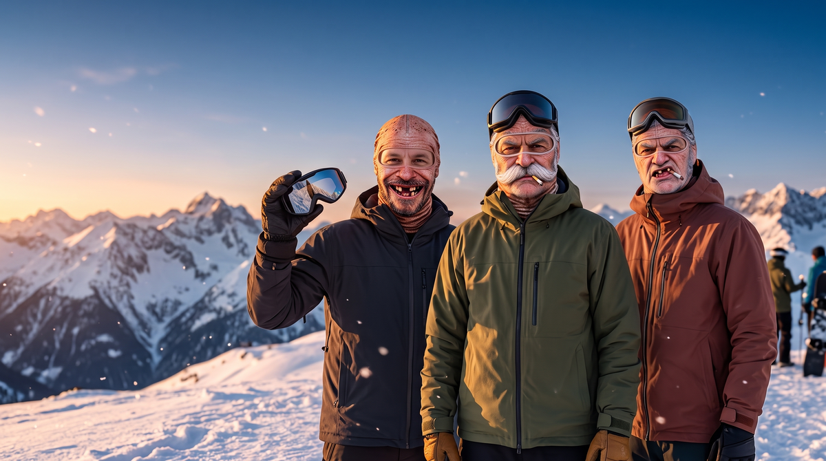 Tre skikjørere med FJES balaclavaer på en snødekt fjellrygg